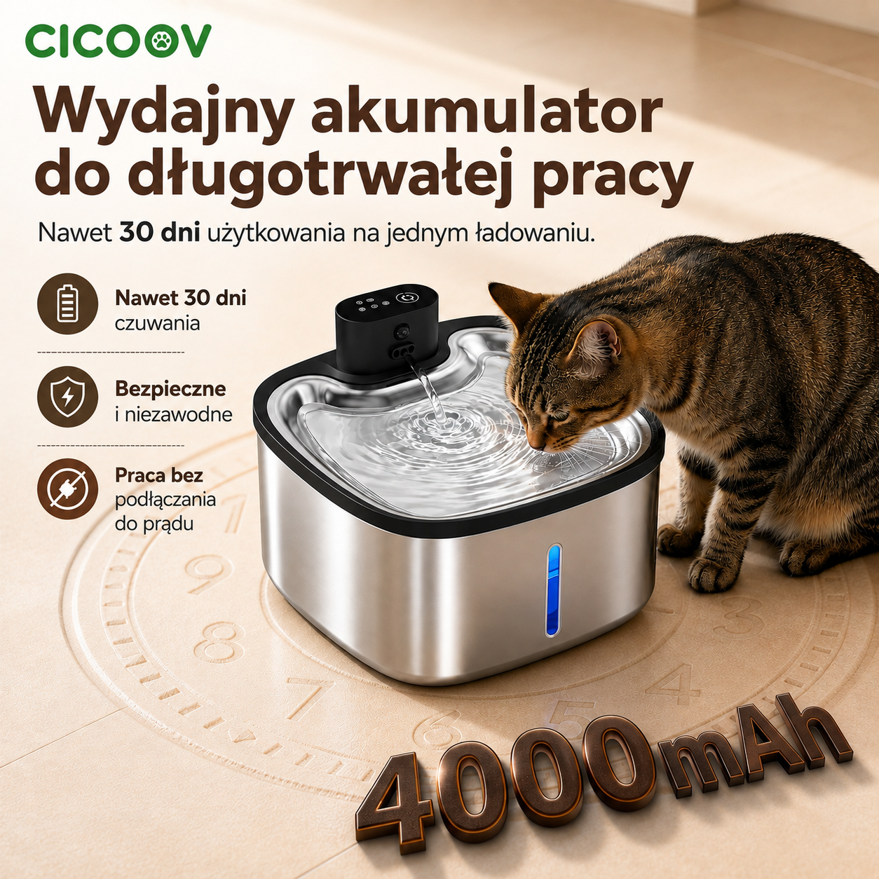 Cicoov 3,5L Inteligentna Fontanna dla Kota z Czujnikiem Ruchu-4